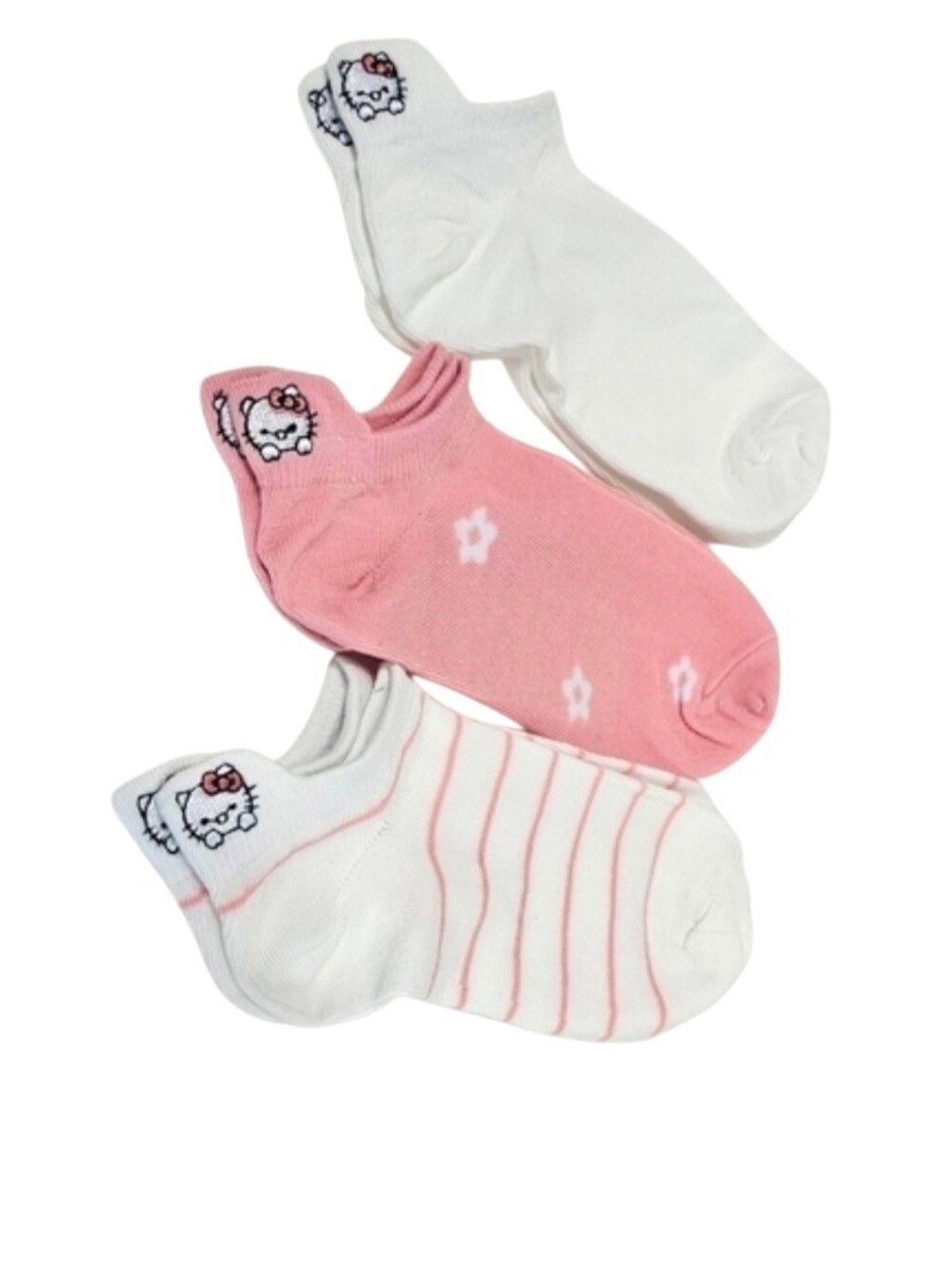 3 New Pairs Hello Kitty Embroidery Kawaii Ankle Socks OS